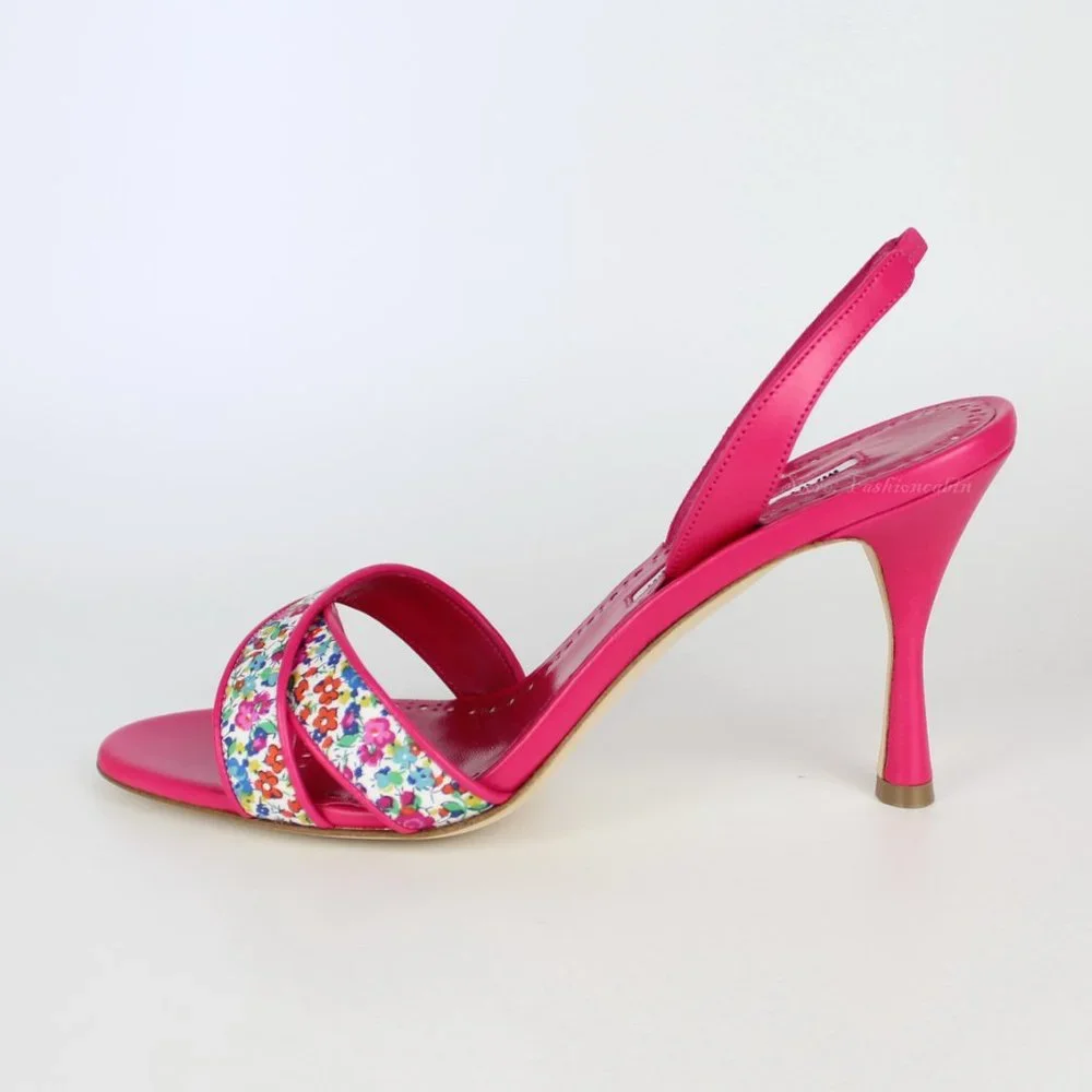 NEW MANOLO BLAHNIK Floral Leather Slingback Sandals - Work to Dinner Summer Heel - Picture 5 of 13